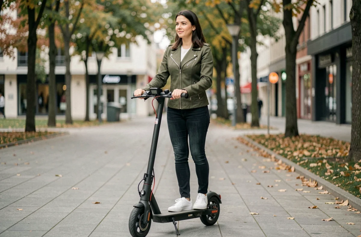 Femme adulte débutante sur une trottinette électrique dans une rue piétonne urbaine, expression confiante et détendue