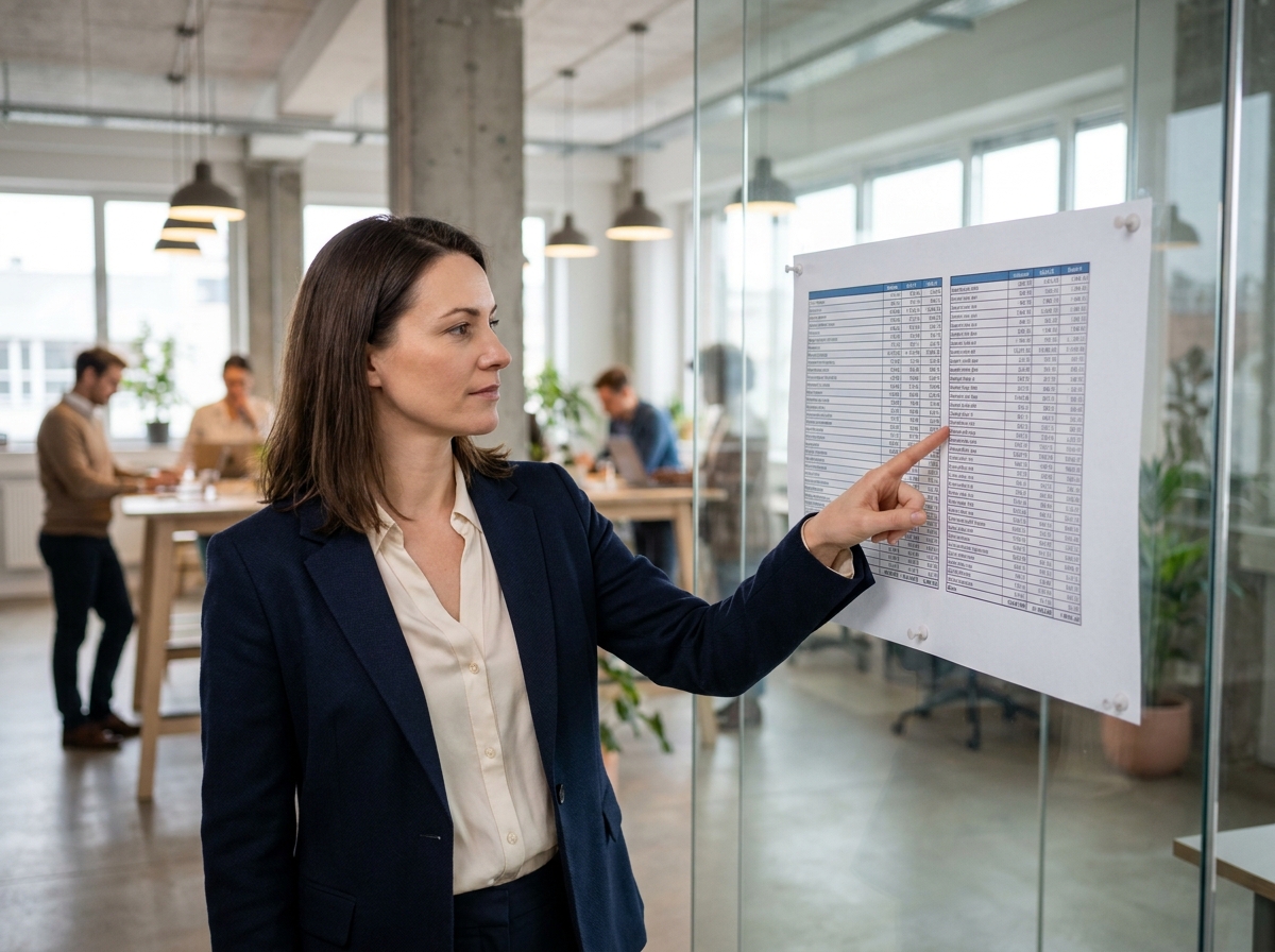 Femme dirigeante présentant la séparation entre trésorerie d'entreprise et finances personnelles dans un bureau moderne