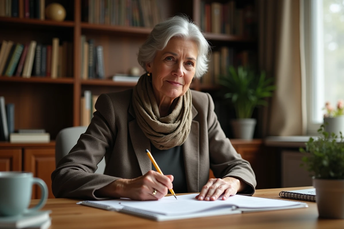 Femme concentrée écrivant une carte de voeux dans son bureau