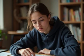 Jeune femme concentrée résolvant des énigmes d'un jeu d'escape room sur smartphone avec des notes manuscrites éparpillées sur un bureau en bois
