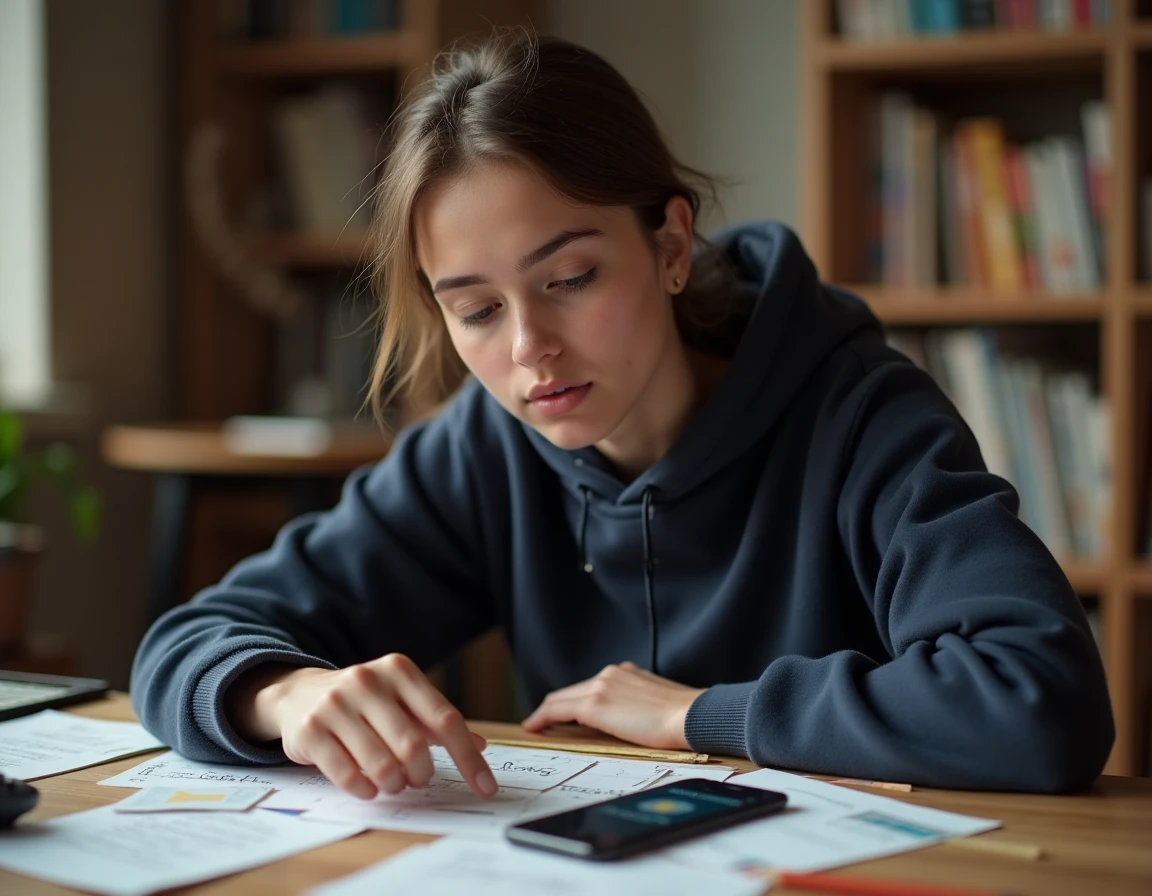 Jeune femme concentrée résolvant des énigmes d'un jeu d'escape room sur smartphone avec des notes manuscrites éparpillées sur un bureau en bois