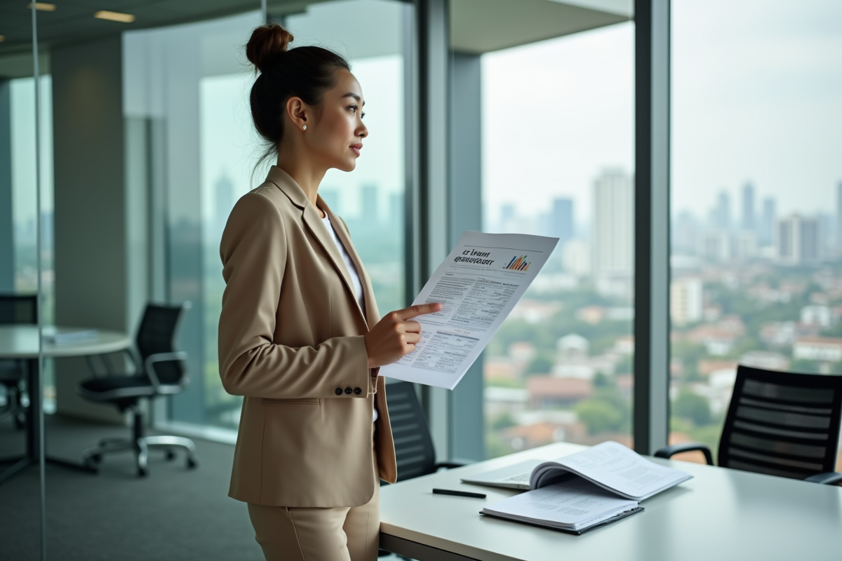 Femme confiante regardant la skyline avec rapport ETF en main