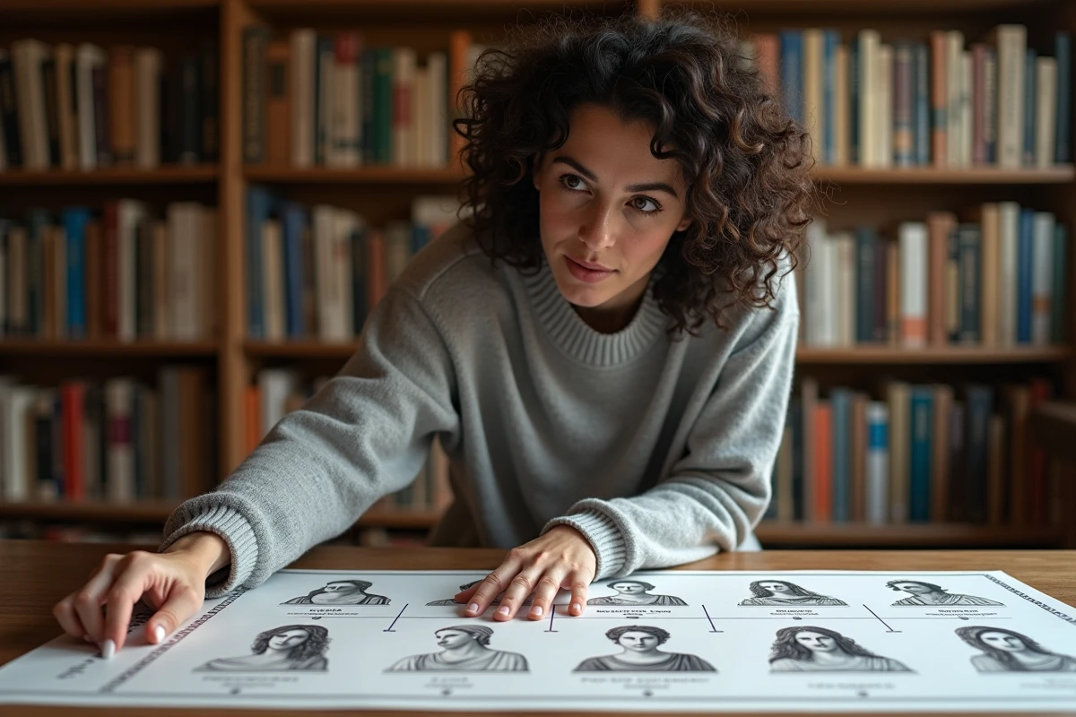 Femme étudiant un arbre généalogique des dieux grecs sur une table dans une bibliothèque de mythologie
