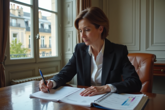 Femme française d age moyen examine un relevé financier dans un appartement parisien