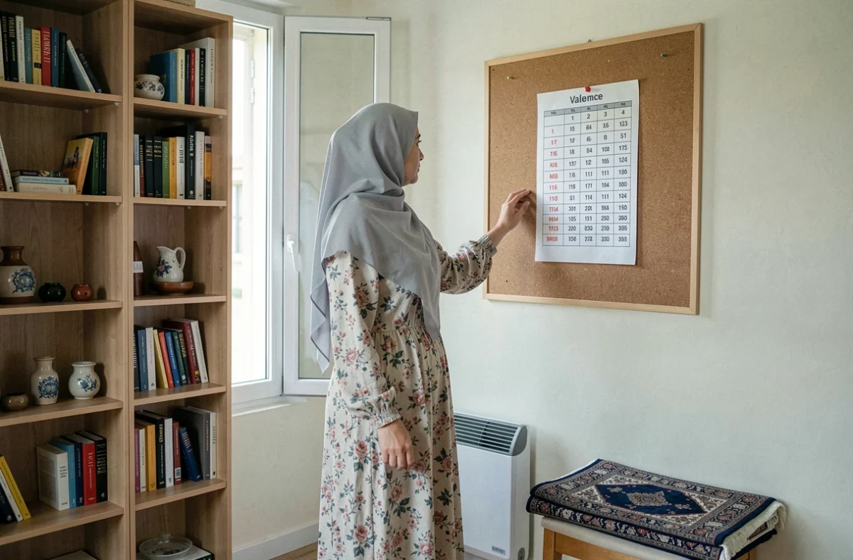Femme portant un hijab consultant un calendrier des heures de prière dans un salon à Valence