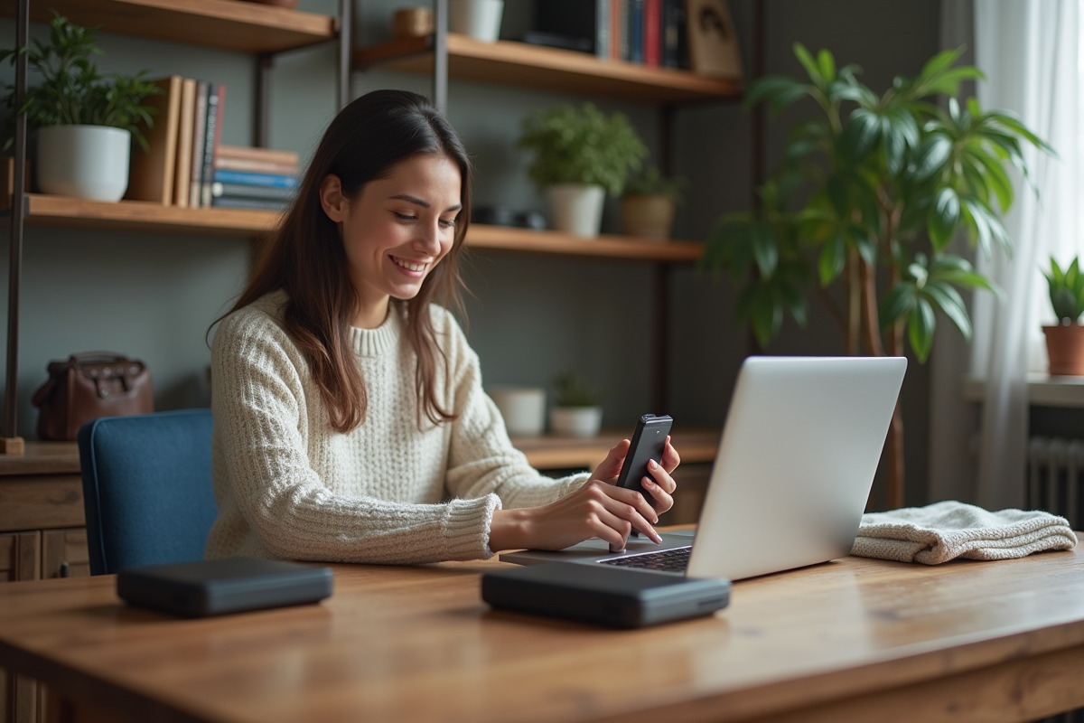 Jeune femme insérant un SSD externe dans son ordinateur