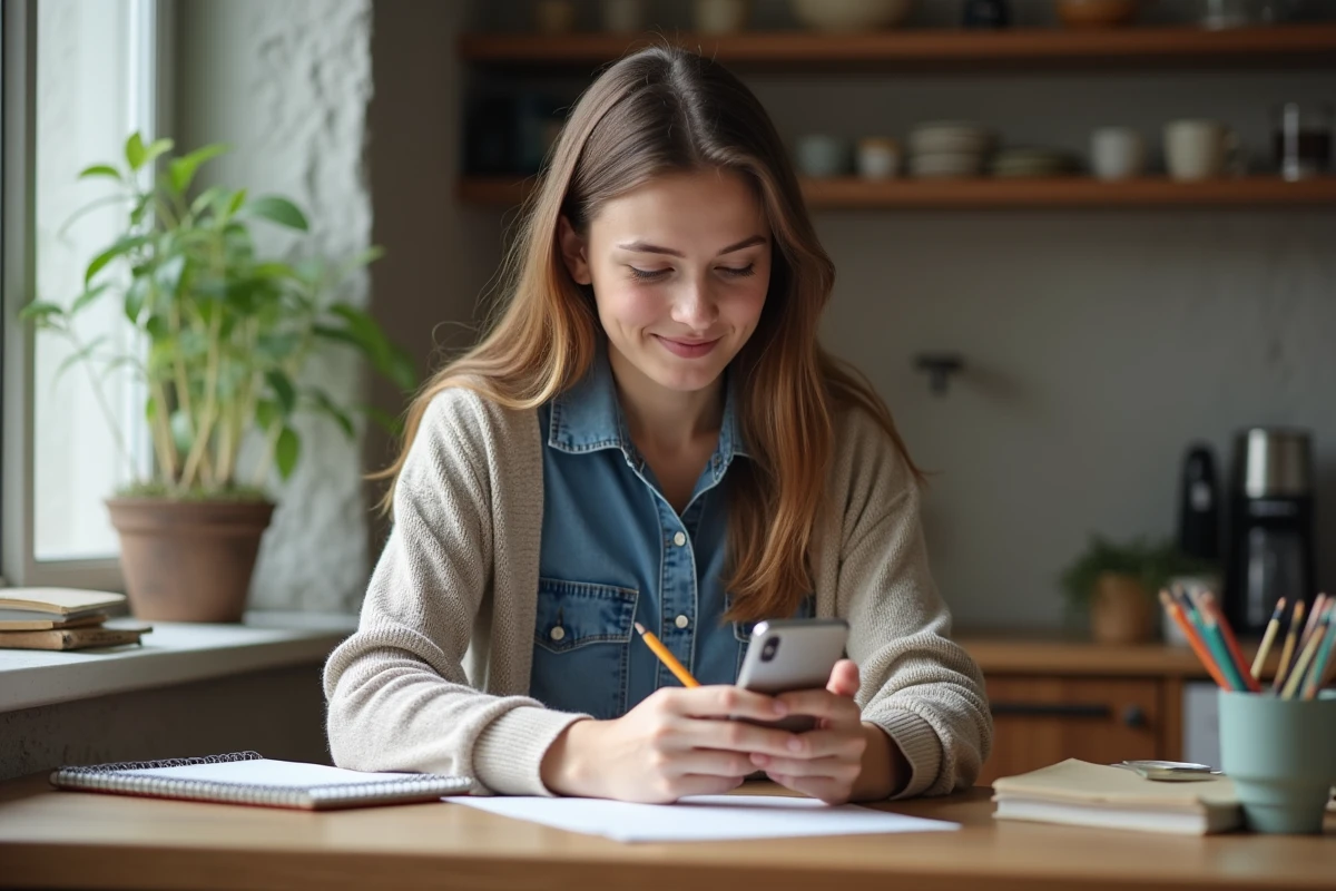 Jeune femme jouant à Cemantix dans la cuisine