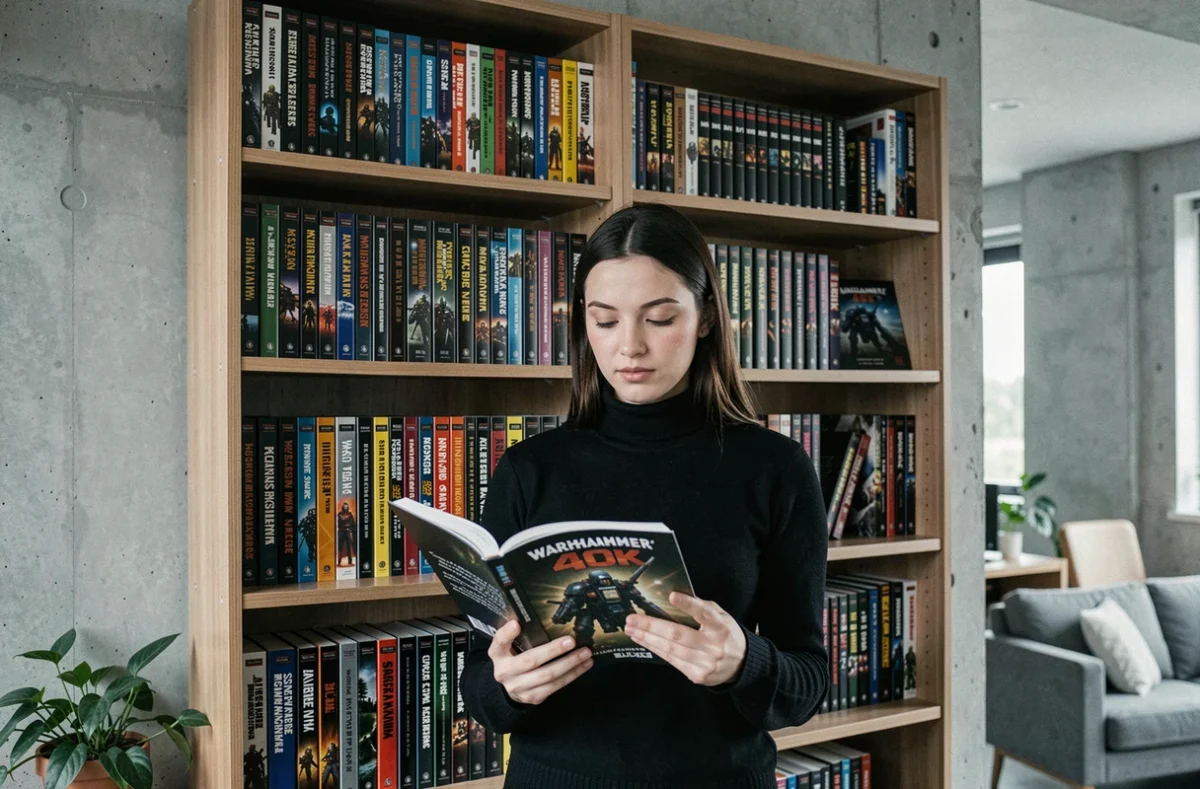Jeune femme lisant un roman Warhammer 40K devant une bibliothèque organisée dans un appartement moderne