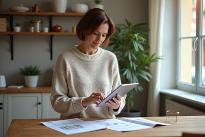 Femme d'âge moyen examinant documents et tablette dans un salon lumineux