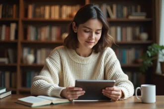Femme lisant des ebooks sur une tablette numérique dans un bureau à domicile chaleureux entouré de livres