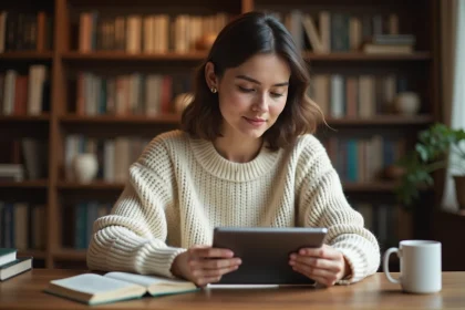 Femme lisant des ebooks sur une tablette numérique dans un bureau à domicile chaleureux entouré de livres
