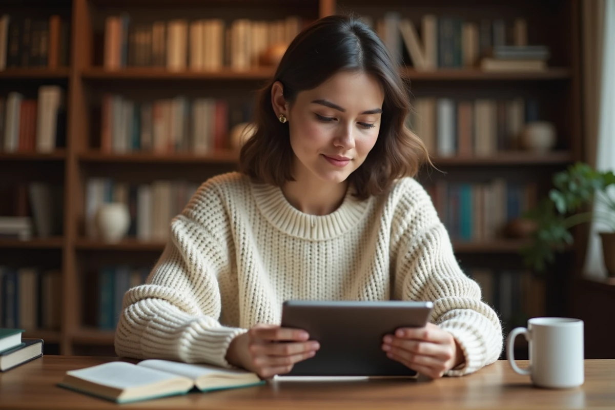 Femme lisant des ebooks sur une tablette numérique dans un bureau à domicile chaleureux entouré de livres
