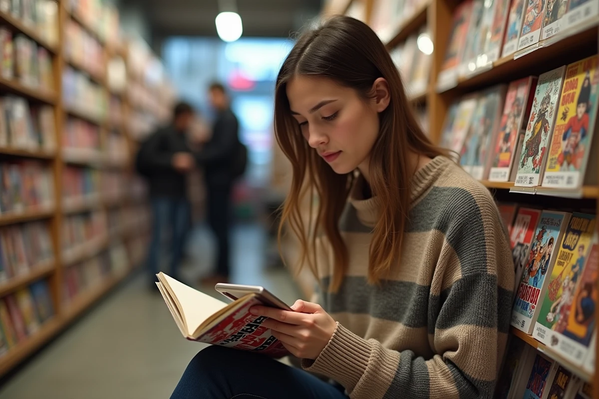 Femme comparant un manga ONE Punch Man en boutique de bandes dessinées