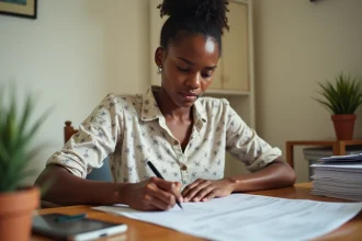 Femme mauricienne remplissant un formulaire postal avec un code ZIP à Port Louis