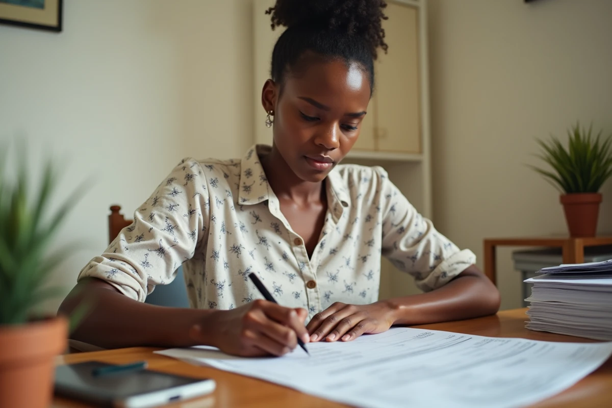 Femme mauricienne remplissant un formulaire postal avec un code ZIP à Port Louis
