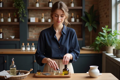 Jeune femme mélangeant parfums dans un atelier parisien