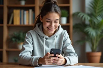 Jeune femme souriante jouant à Monopoly GO sur son smartphone pour obtenir des dés gratuits
