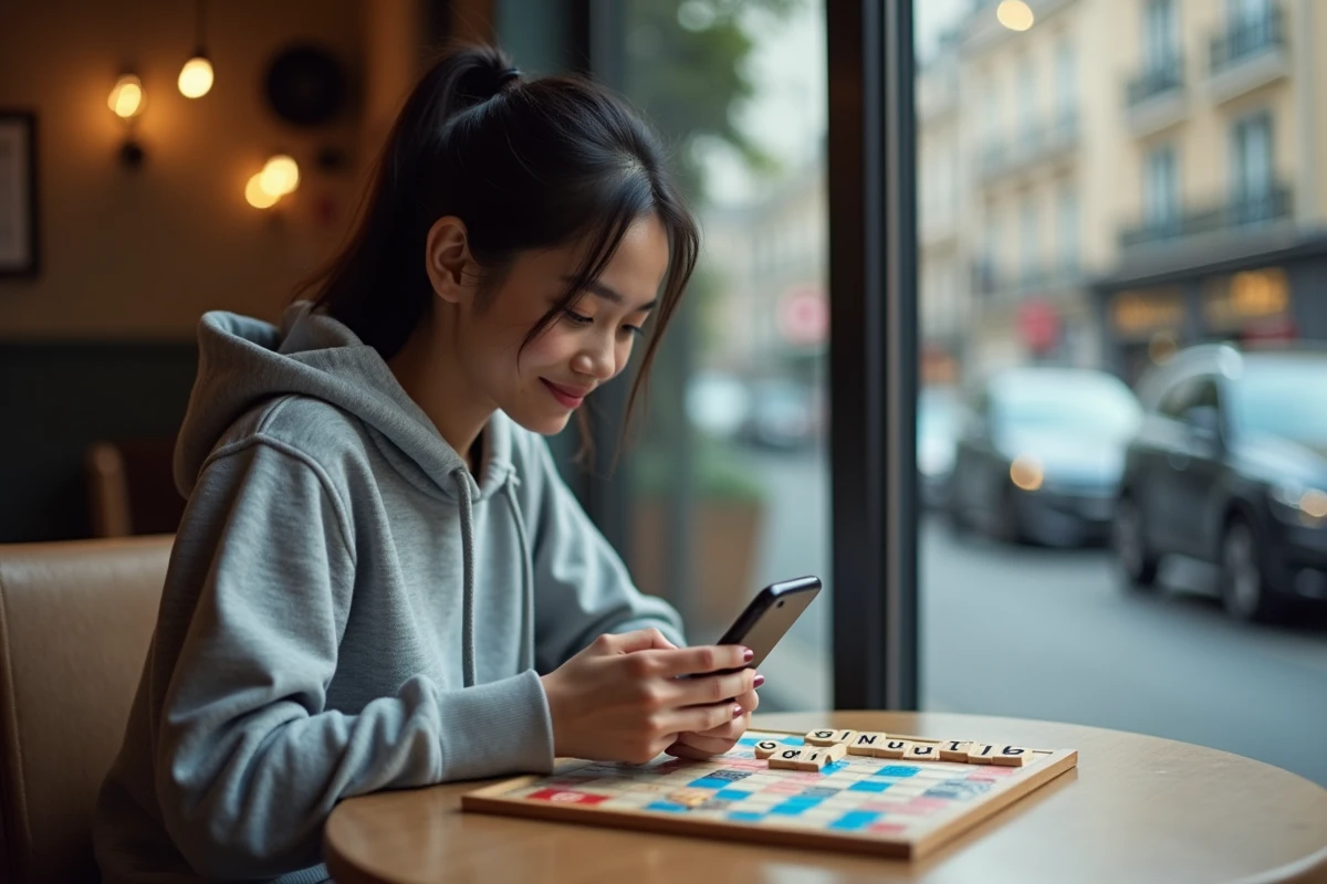 Jeune femme utilisant son smartphone près du jeu de Scrabble