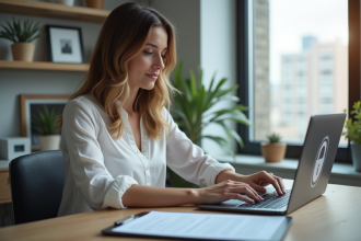 Femme concentrée organisant des documents dans un bureau moderne