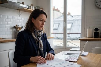 Femme en train de gérer ses documents de santé dans une cuisine moderne