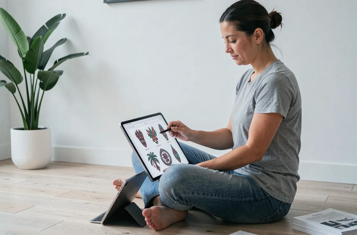Femme consultant un PDF sur les symboles du tatouage polynésien sur une tablette numérique dans un appartement minimaliste