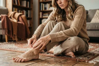 Femme assise en tailleur se grattant le pied gauche sur un plancher en bois, expression pensive, ambiance chaleureuse de salon