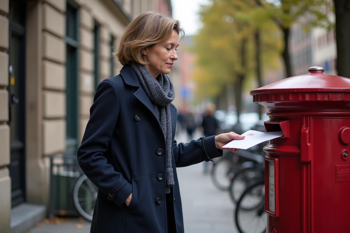Femme déposant une lettre dans une boîte aux lettres en ville