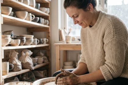 Femme façonnant un vase en céramique dans un atelier lumineux