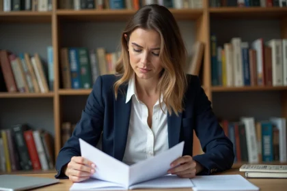 Femme professionnelle française en bureau à lire un document
