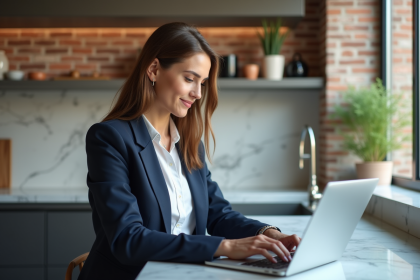 Jeune femme en blazer bleu cherchant des annonces immobilières
