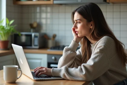 Femme pensant devant son ordinateur en cuisine