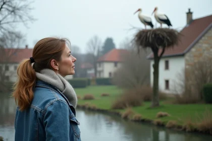 Femme en denim près de la rivière avec cigognes en arrière-plan
