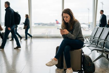 Jeune femme assise dans une salle d'aéroport regardant son smartphone