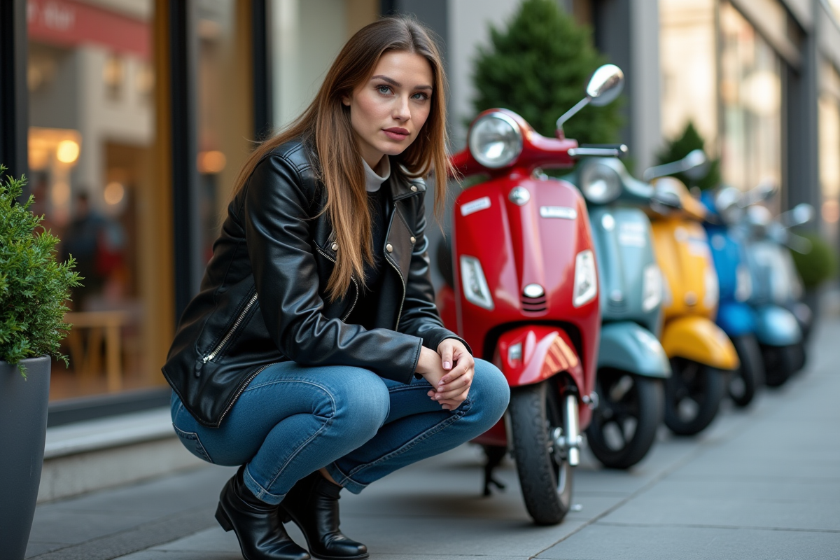 Jeune femme examine scooters colorés devant showroom