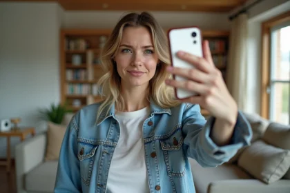 Jeune femme prenant un selfie maladroitement dans un salon lumineux