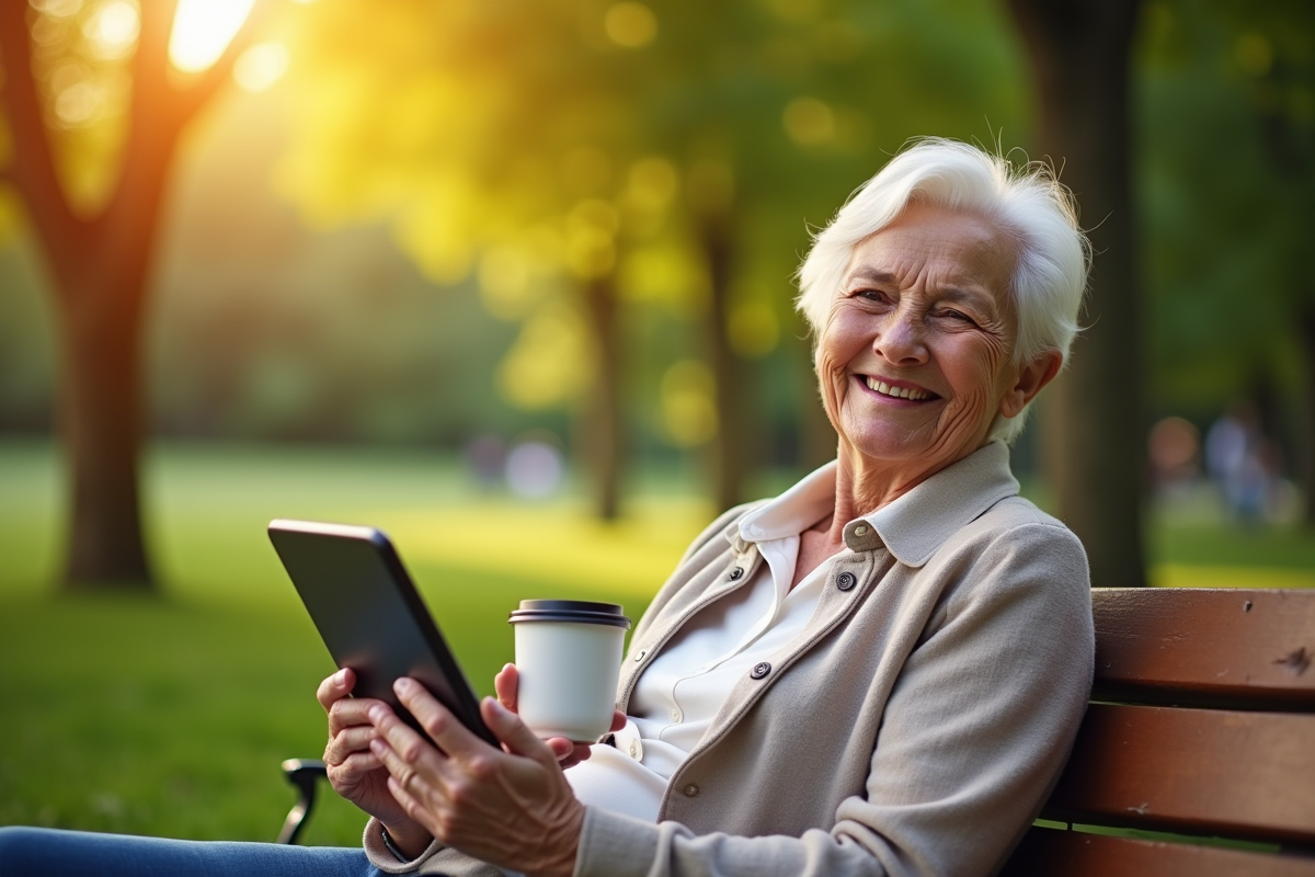 Femme âgée souriante profitant du soleil sur un banc de parc