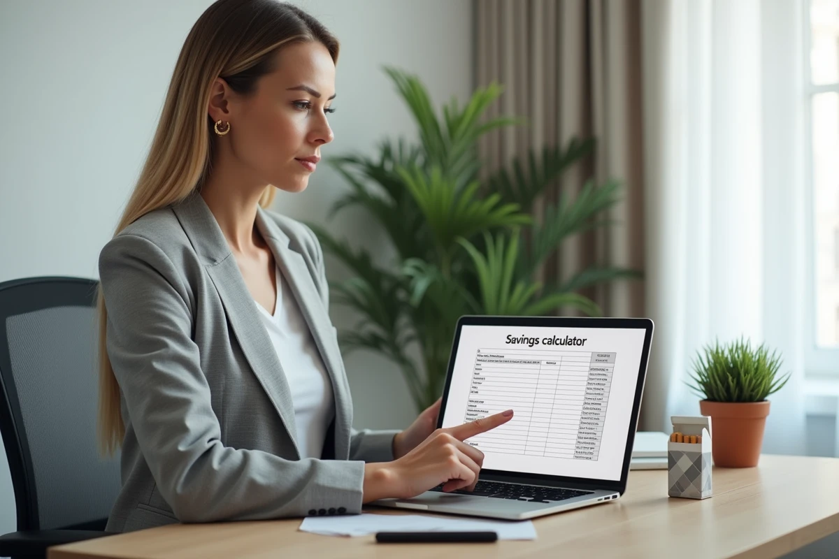 Femme calculant des économies sur cigarettes Winston avec simulateur en ligne sur ordinateur portable