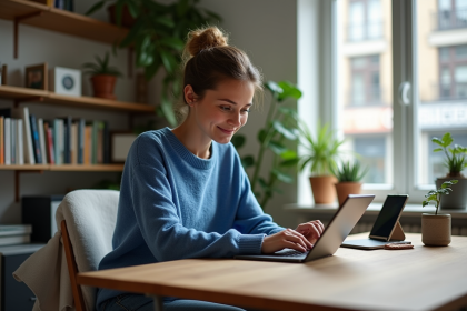 Femme en intérieur avec tablette et smartphone