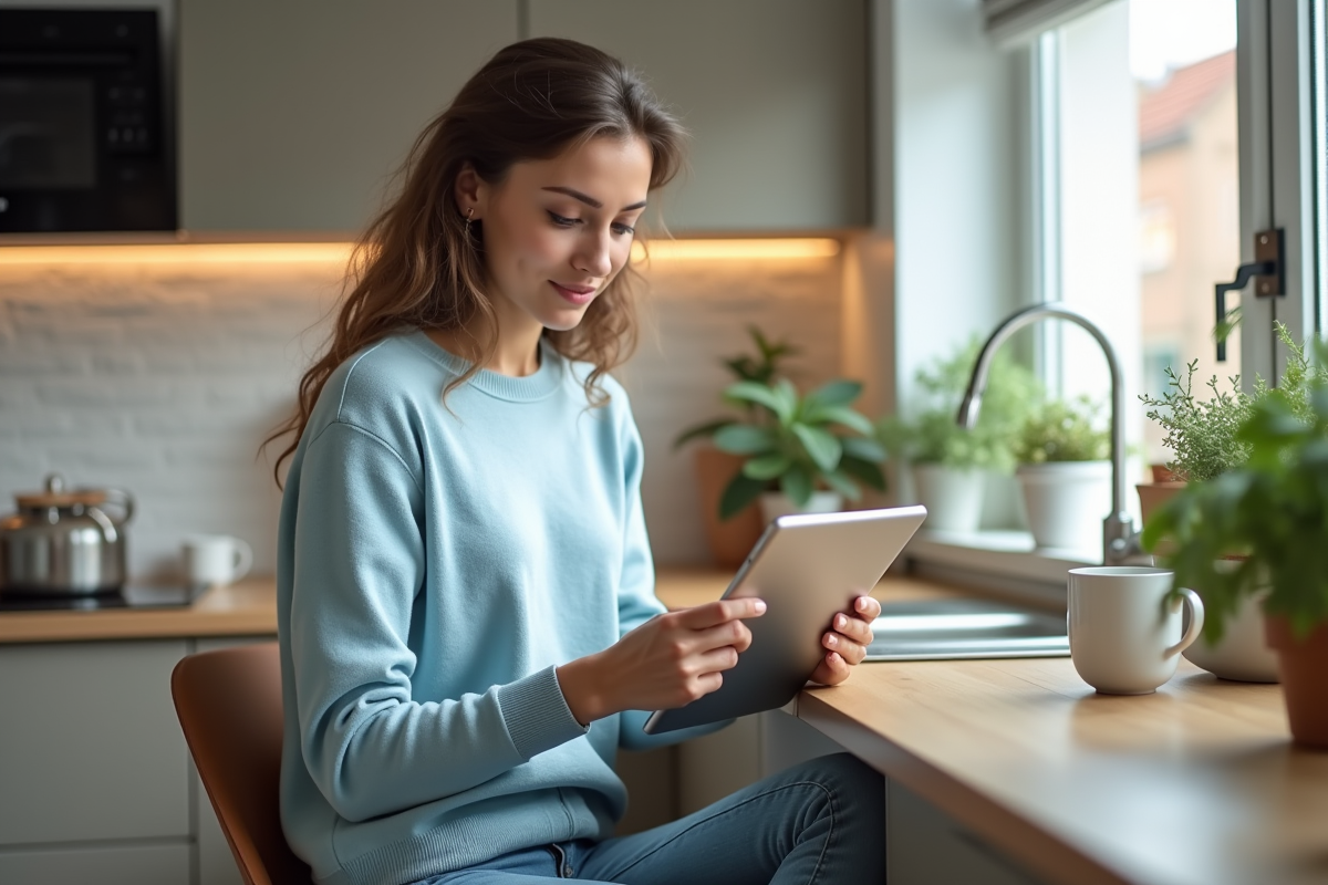Jeune femme utilisant une tablette dans une cuisine lumineuse