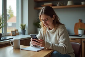 Femme frustrée vérifiant un suivi de livraison à la maison