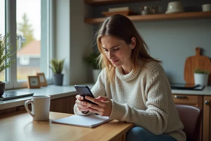 Femme frustrée vérifiant un suivi de livraison à la maison