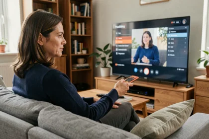 Femme utilisant la télécommande Orange TV pour enregistrer une émission depuis son canapé