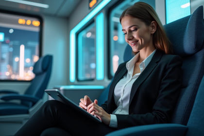 Jeune femme en costume moderne dans un train futuriste