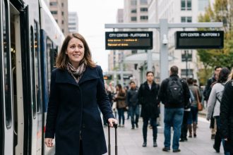 Femme attendant sur une plateforme de train avec valise