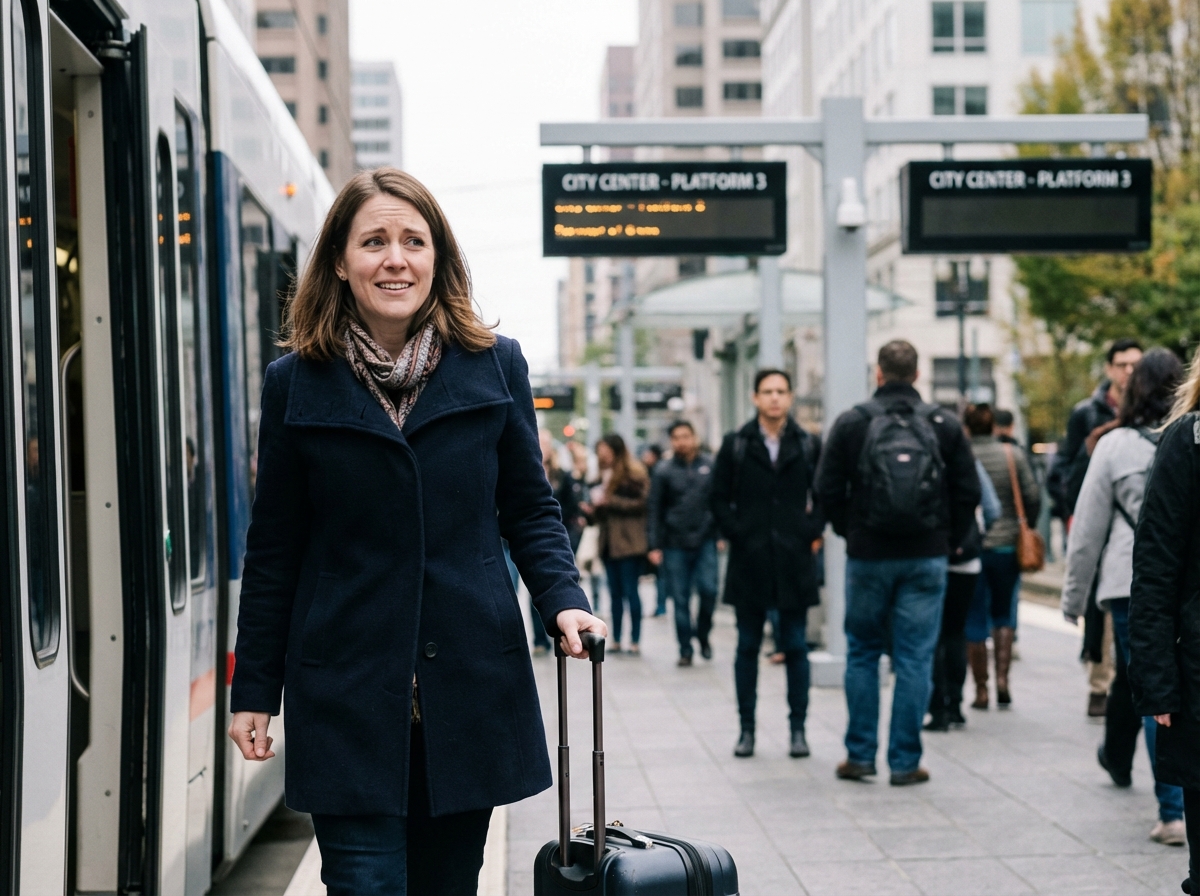 Femme attendant sur une plateforme de train avec valise
