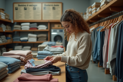 Jeune femme examinant un vêtement vintage dans une laverie