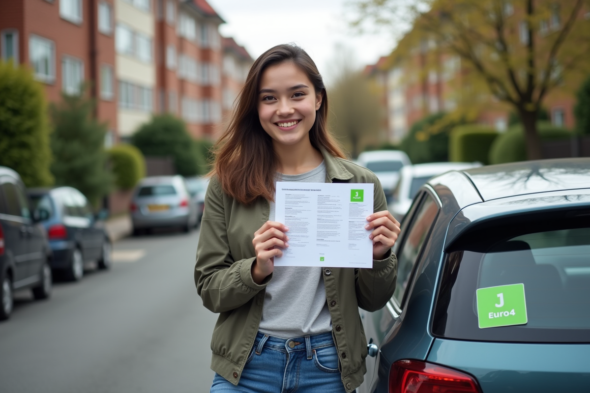 Jeune femme souriante avec certificat devant sa voiture