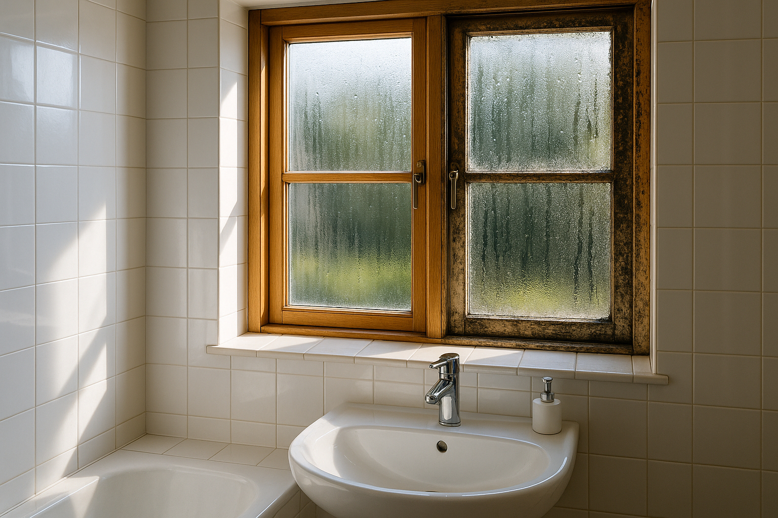 Fenêtre en bois avec condensation et taches de moisissure dans la salle de bain