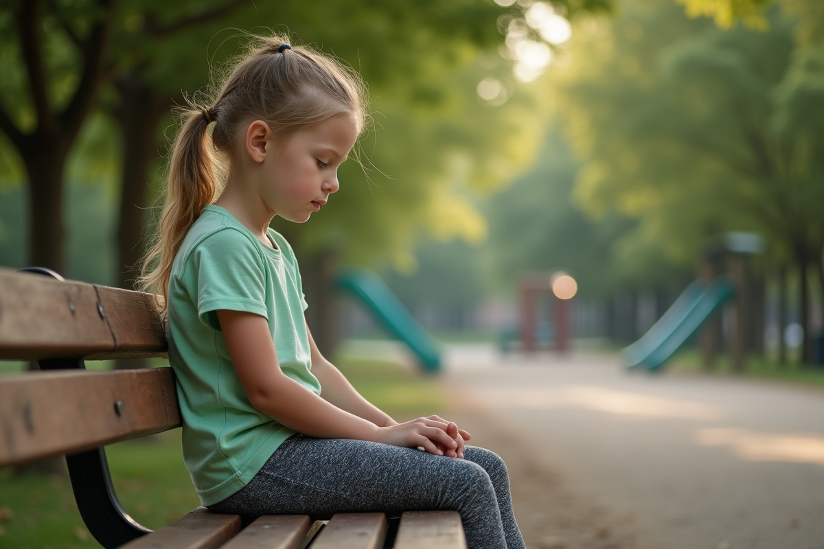 Fille de dix ans assise sur un banc de parc en pensant