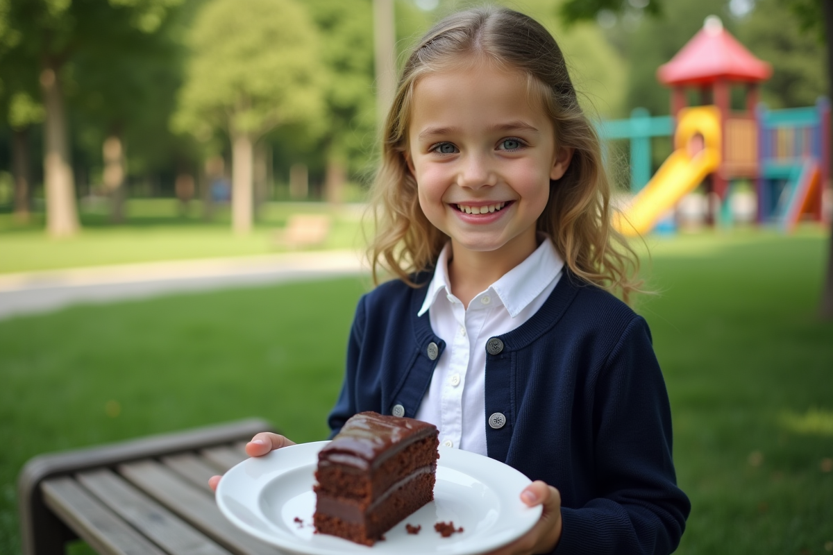 Jeune fille souriante avec un morceau de gâteau au parc en plein air